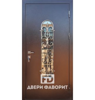 стальная дверь с ковкой для коттеджа, модель с одним замком, ковкой и стеклом