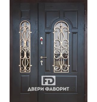 двустворчатая стальная дверь с ковкой и стеклом в тамбур, c отделкой МДФ