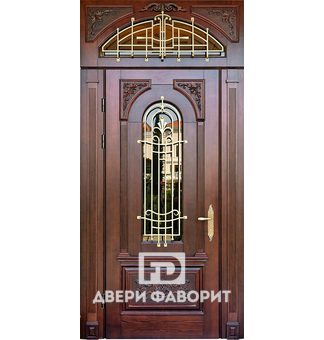 железная парадная дверь с верхней вставкой, ковкой и стеклом