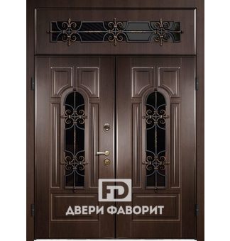 Парадная двустворчатая дверь с верхней вставкой (ковка и стеклопакет)